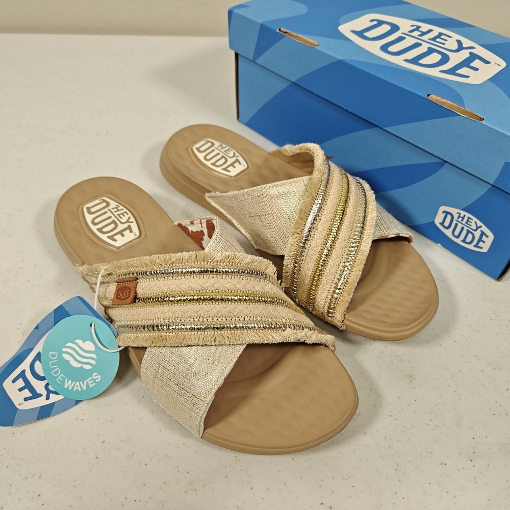 HEYDUDE Christi Slide Fringe Sandals Women's 8 Natural Gold 43204-197 New in Box